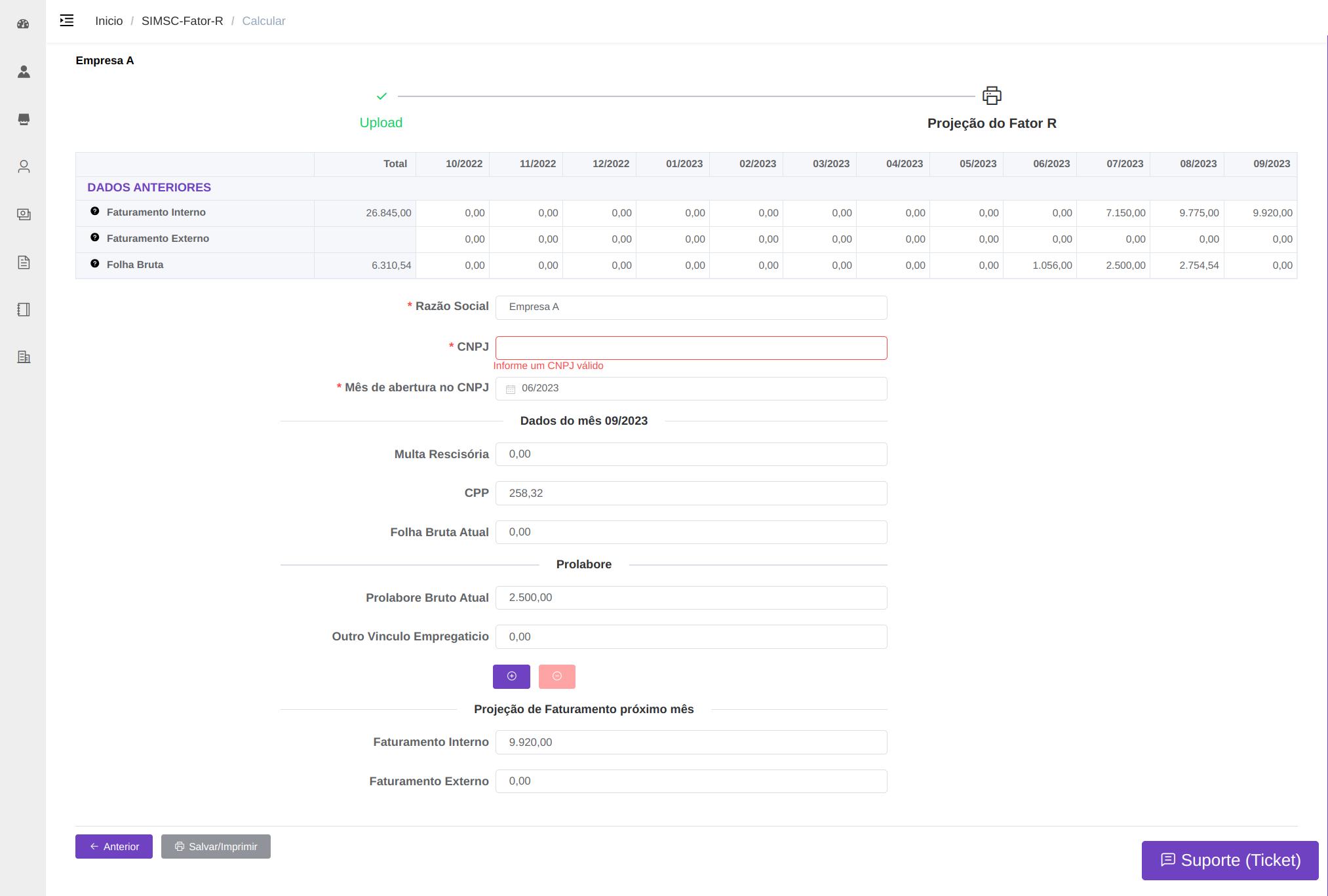 Tela cálculo do Fator-R